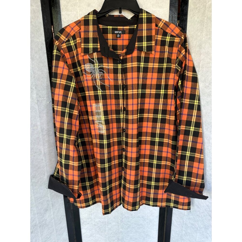 Krazy Kat Orange and Black Plaid Button Down Shirt